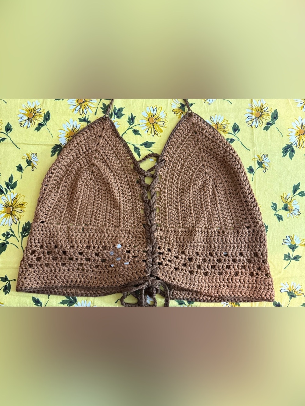 Earthbound Women’s M Brown Boho Crochet Lace Up Sleeveless Cropped Halter Top